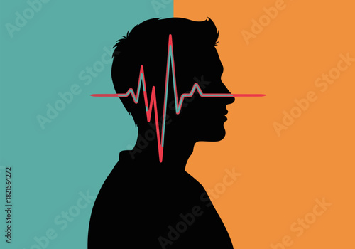 Silhouette of man with heartbeat wave on colorful split background