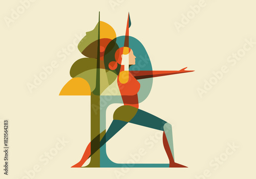 Creative geometric art of woman in yoga pose with nature elements