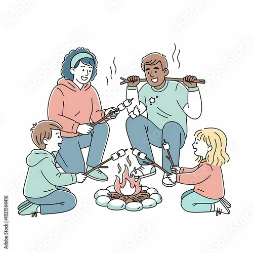 Group of children roasting marshmallows over campfire outdoors  