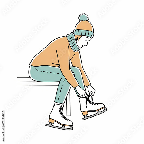 Young person tying ice skates while sitting on a bench in winter  