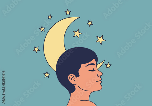 Peaceful dreaming: tranquil portrait with moon and stars on blue background