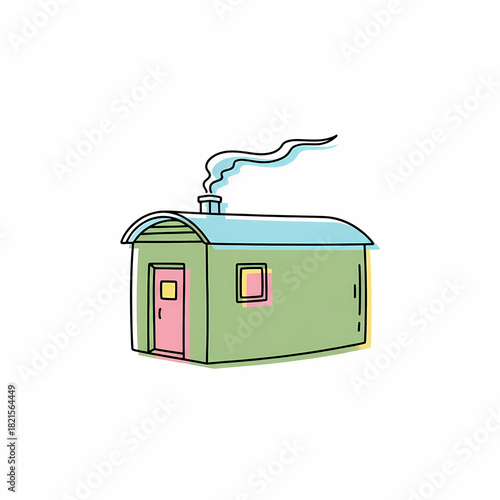 Cartoon shepherd hut with chimney and smoke in colorful design  