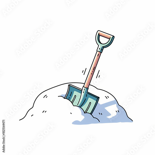 Shovel embedded in a snowbank on white background  