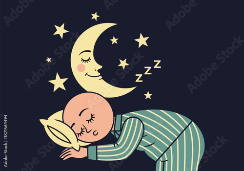 Whimsical nighttime scene with sleeping child and smiling moon