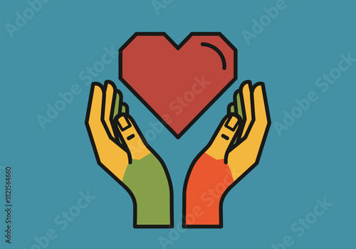 Vibrant hands embrace red heart on blue background in flat design