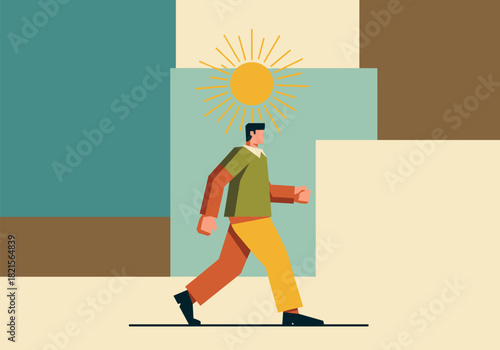Modern geometric art of person walking under sun with retro color palette