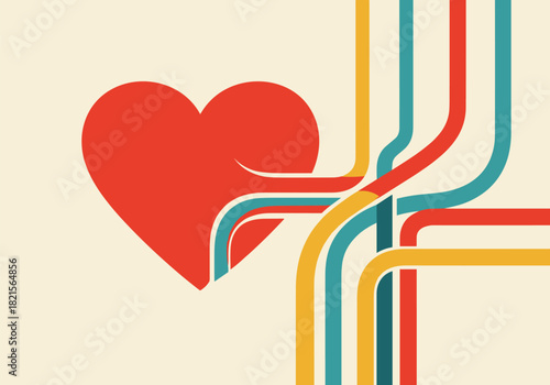Retro geometric heart with colorful intersecting lines on cream background