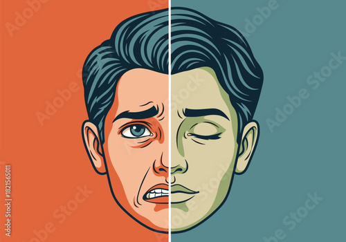 Dual emotions: expressive male face showing contrasting moods in vintage pop art style