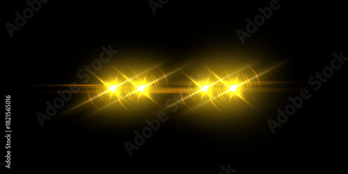 Yellow emergency car lights. Police siren flashing. Bright lights of ambulance auto with radiant beams and smooth reflection halos. Realistic vector illustration in dynamic luminous style