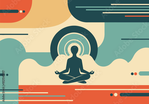 Abstract meditative silhouette in geometric retro colors with zen patterns