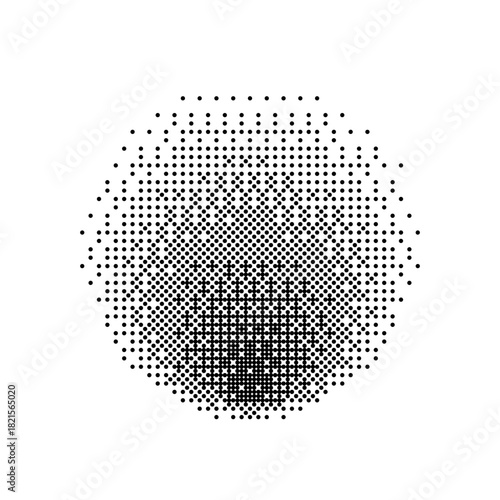 Pixel gradient circle background. Black and white dotted sphere with optical illusion and depth effect. Abstract digital pattern for modern graphic design. Vector illustration