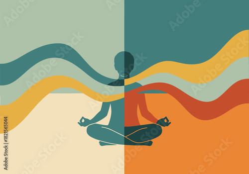Calm meditation silhouette with colorful waves for mindfulness and tranquility