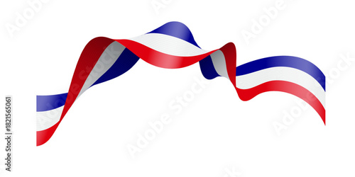 France flag ribbon in blue, white, red colors. Wavy tricolor banner with dynamic curves, symbolizing French national pride and celebration. Patriotic festive decoration. Realistic vector illustration