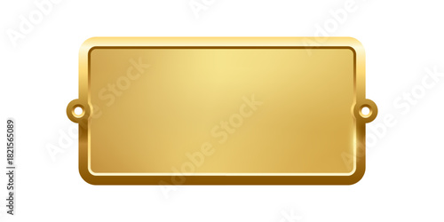 Blank golden nameplate plaque with screw holes. Metallic rectangular label for engraving, signage, awards, door signs. Realistic vector illustration