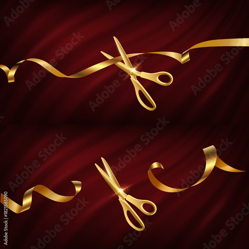 Ribbon gold scissors cut ceremony on red satin background. Golden clippers cutting tape symbolizing grand opening celebration and new start. Luxury design for business event. Vector illustration