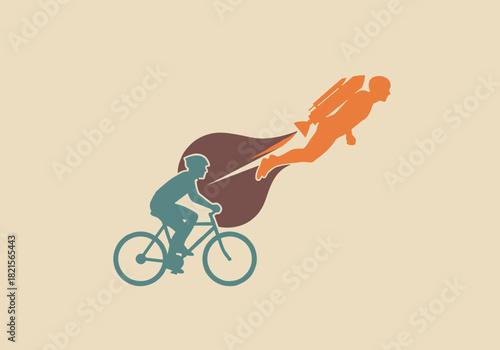Silhouette of cyclist and jetpack man in dynamic flight contrast