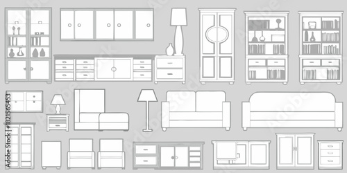 Collection of hand drawn furniture illustrations including cabinets bookcases sofas chairs and lamps on a gray background