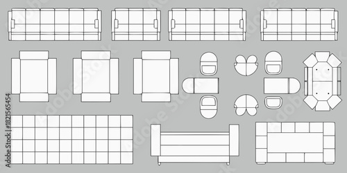 Top view line drawings of various furniture pieces including sofas chairs and beds
