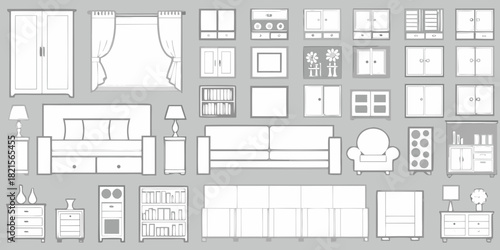 Collection of hand drawn furniture and home decor items in a simple outline style on a gray background