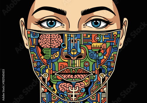 Abstract face mask design with colorful geometric patterns and human features