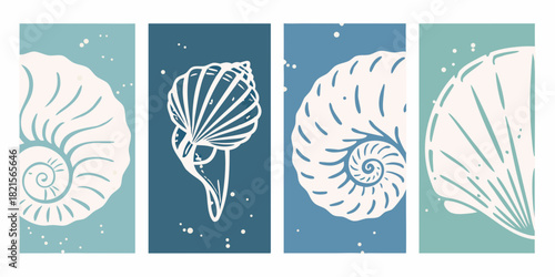 Abstract minimalist set of four vertical panels featuring white seashell illustrations on muted blue and green backgrounds