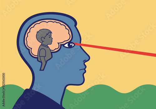 Inner child concept with silhouette of a child inside adult head facing forward