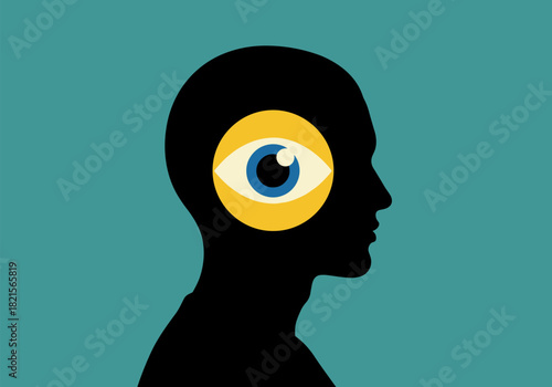 Silhouette of head with eye inside for conceptual design in minimalist style