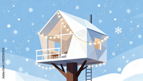 Illustration Of A Tree House Decorated With Lights Vector Design Template