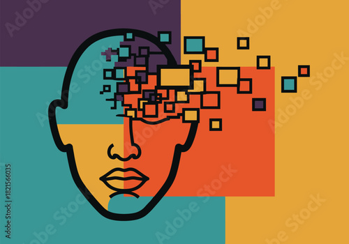 Abstract geometric face with fragmented pixels on colorful background