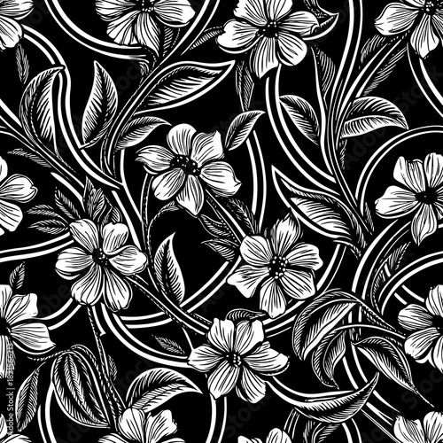 floral, pattern, flowers, leaves, decorative, design, artwork, intricate, details, nature, botanical, contemporary, art, monochrome, textile, wall, elegance, print, ornamental, classic, petals, stems,