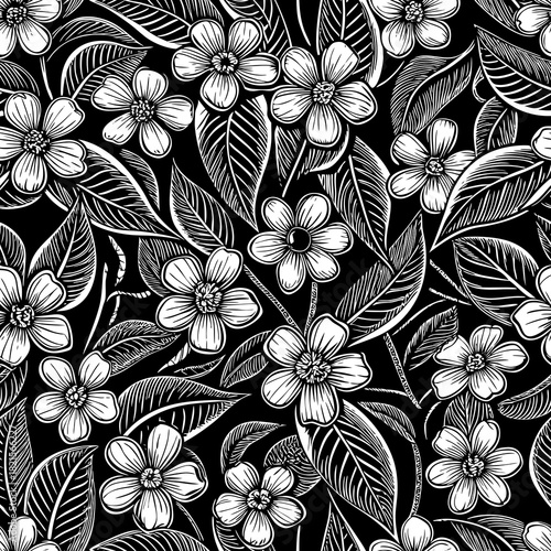 Floral pattern with white flowers and detailed leaves on a black background creating a bold design for textiles or wallpaper Generative AI