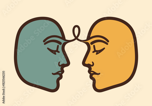 Abstract connection of two faces in minimalistic line art style