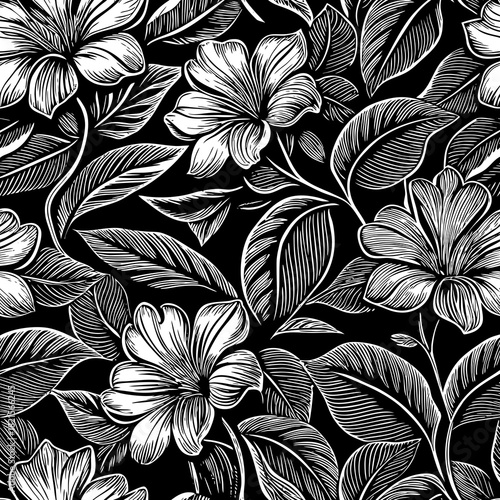 Black and white floral pattern with intricate details showcasing beautiful flowers and leaves in a captivating arrangement Generative AI