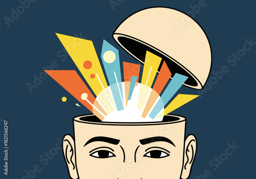 Creative explosion: colorful geometric shapes emanating from open mind