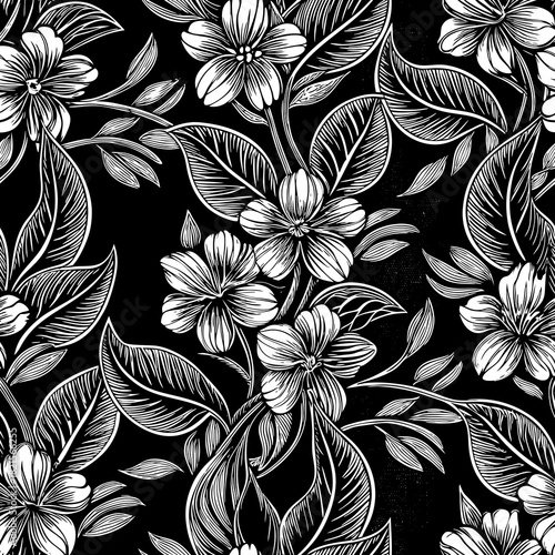 Black floral pattern with detailed white flowers and leaves creating an elegant design suitable for various applications Generative AI