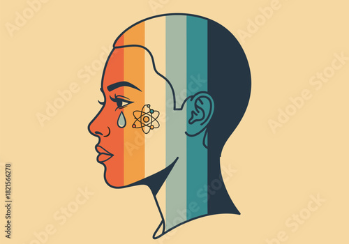 Colorful silhouette portrait with artistic atom design and tears