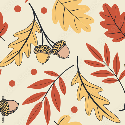 Colorful autumn leaves and acorns create a vibrant seasonal pattern on a light background Generative AI