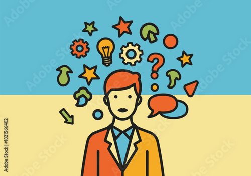 Colorful cartoon style concept of creative problem solving and brainstorming