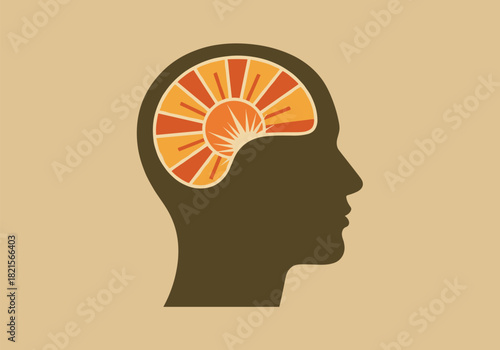 Creative orange brain concept in profile silhouette on pastel background