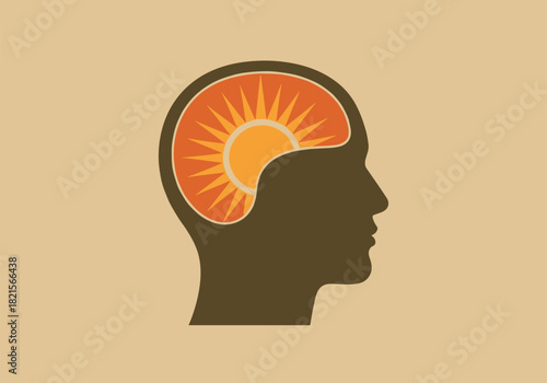 Silhouette of human head with sun inside for mental health and positive mindset