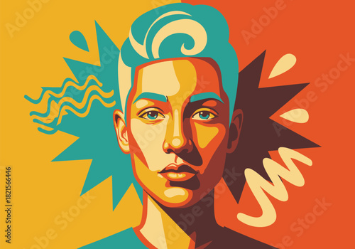 Vibrant pop art portrait with bold colors and dynamic shapes