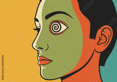 Colorful pop art style portrait with psychedelic eyes and bold shapes