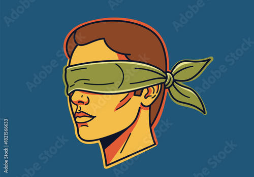 Retro pop art blindfolded person on blue background