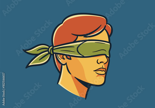 Blindfolded person in retro pop art style with green bandana
