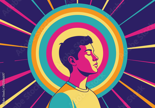 Colorful pop art portrait with radiating circular patterns