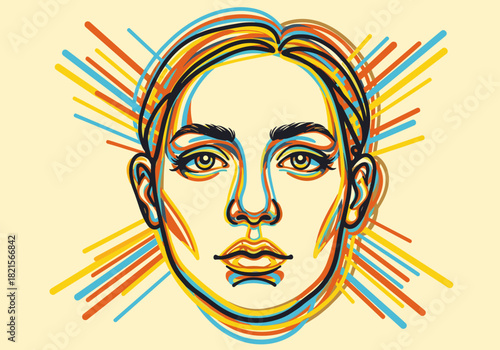 Colorful abstract portrait with multilayered line art on pastel background