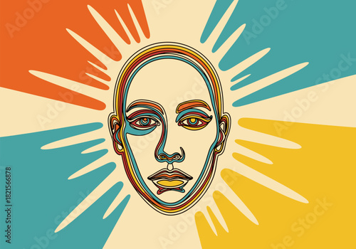 Vibrant abstract face with sunburst in bold line art