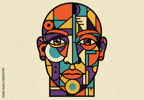 Geometric abstract face design with vibrant colors in cubist art style