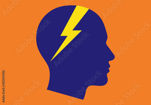 Colorful silhouette of human head with lightning bolt icon on orange background