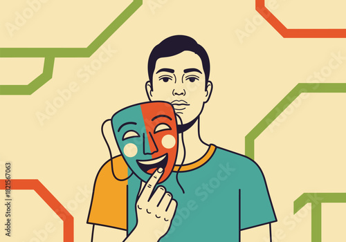 Man holding comic mask: exploring duality and emotions in modern design